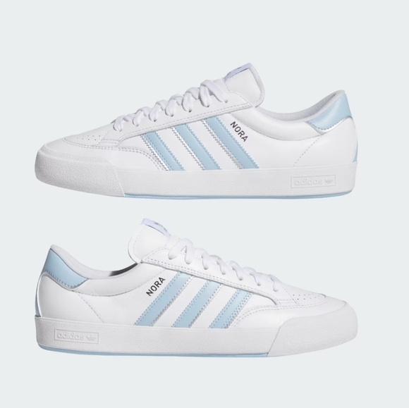 NWT Unisex Adidas Nora White Sneakers with Light Blue Stripes